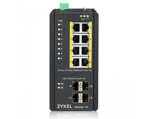 RGS200-12P-ZZ0101F Промышленный L2 PoE+ коммутатор 8xGE PoE+, 4xSFP, крепление на стену/DIN-рейку, IP30, два источника питания DC